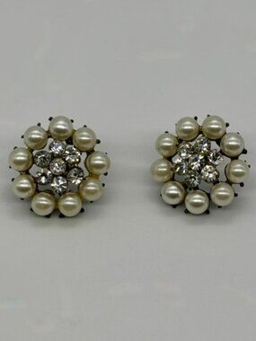 Vintage Faux Pearl and Clear Rhinestone Silver-Tone Metal Post Earrings Unmarked
